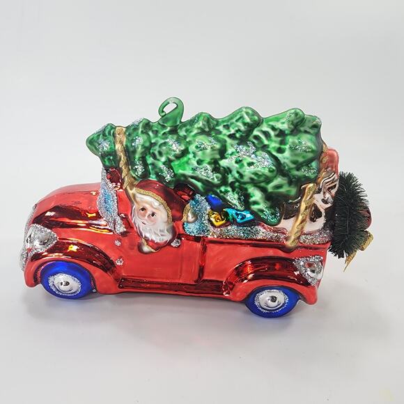 Glass Blown Santa in Red Truck Christmas Ornament - Picture 2 of 7